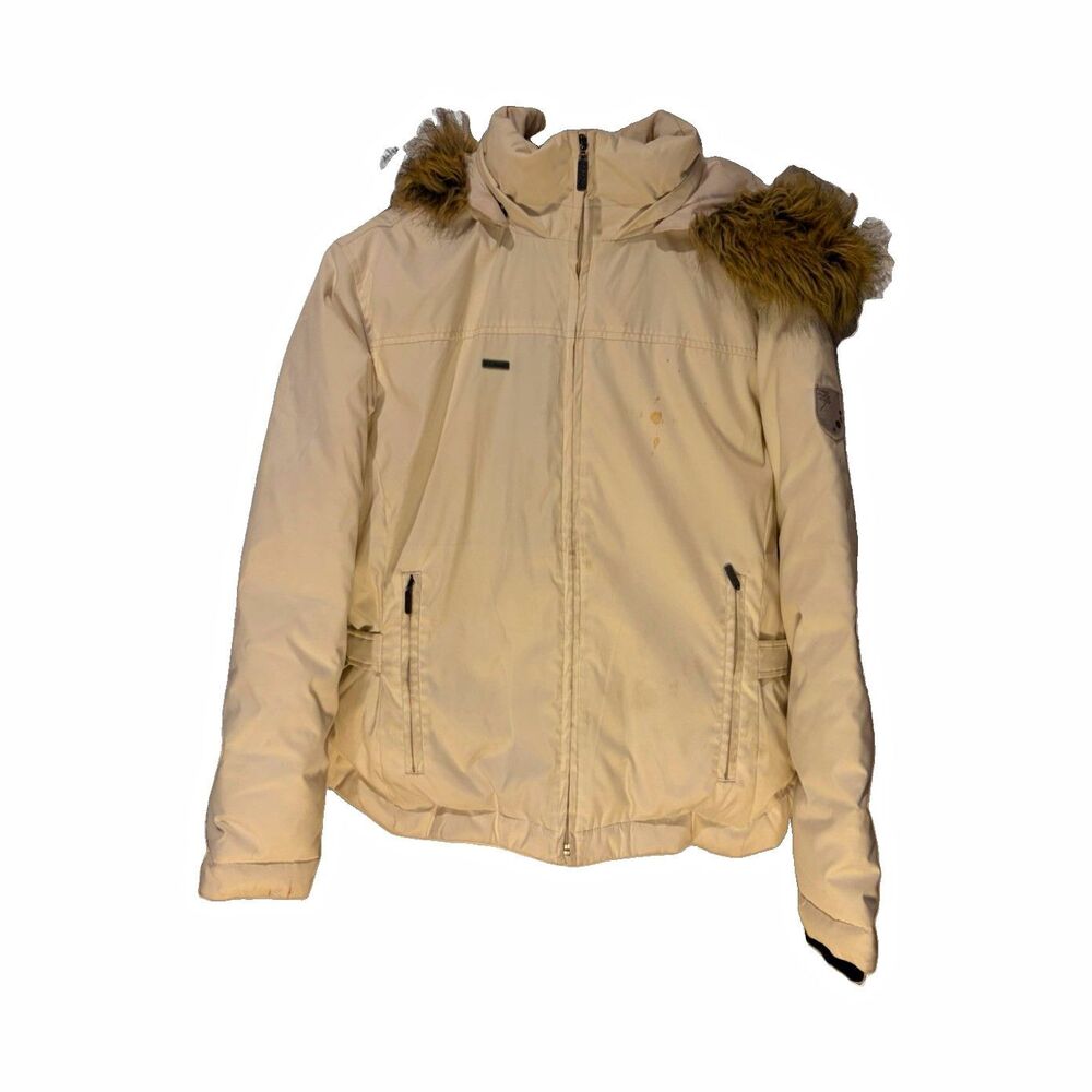 Vintage Columbia Hooded Parka Jacket Womens white Faux Fur Trim Lined Zip  M